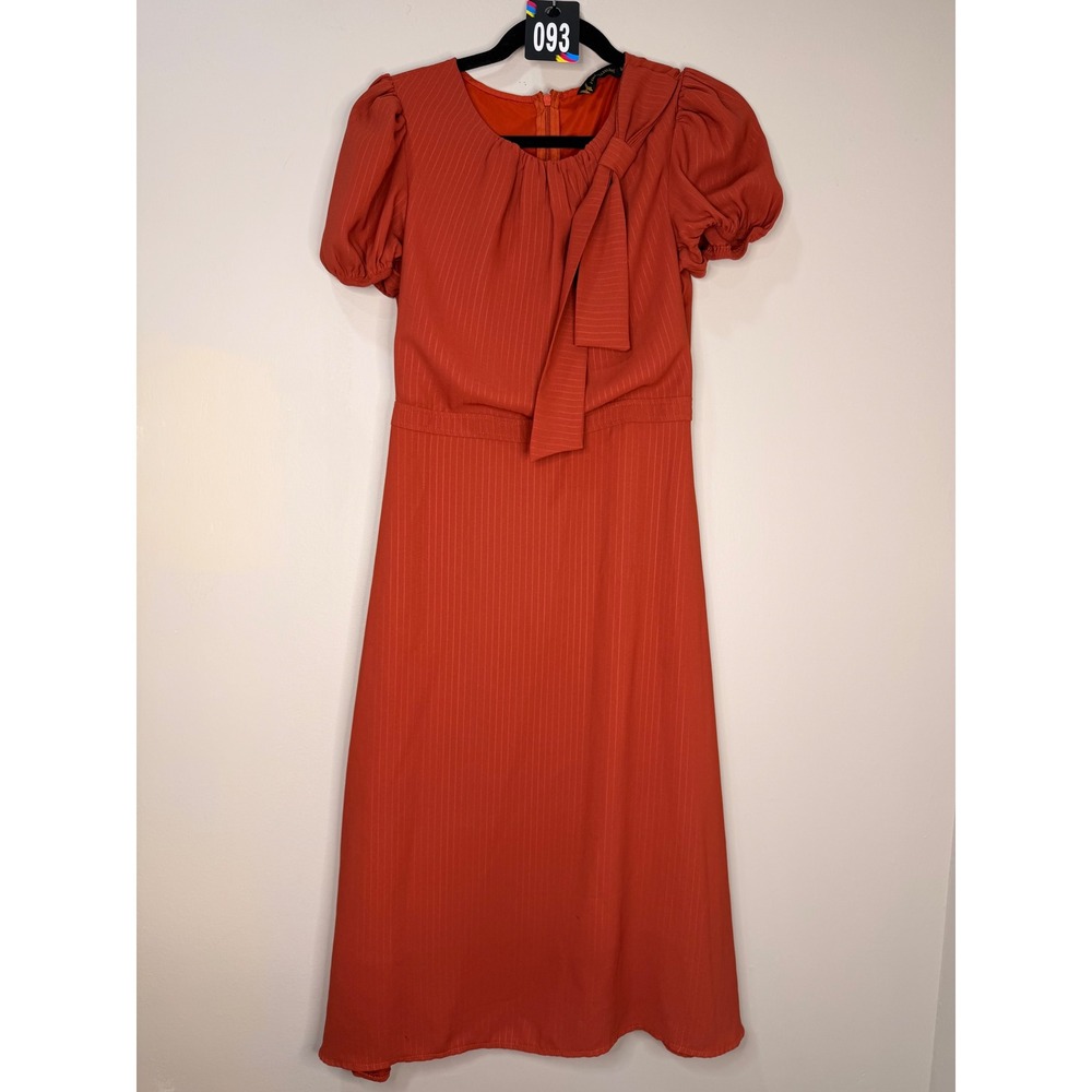 #93 H&H‎ LUXURY Sz. Med Pinstripe Midi Dress PTP 17"  Orange Puff Sleeve